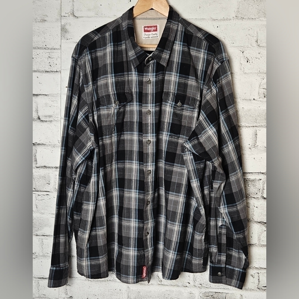 Wrangler Men’s Black Gray Plaid Button-Up Shirt 3XL Long Sleeve